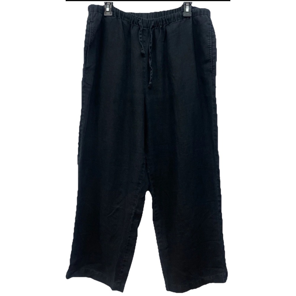 Orvis Linen Pants Womens L 14 16 Navy Dark Blue Cropped Wide Leg Elastic